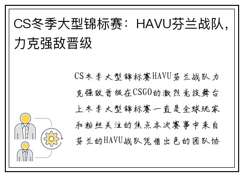 CS冬季大型锦标赛:HAVU芬兰战队,力克强敌晋级 CS冬季大型锦标赛:HAVU芬兰战队,力克强敌晋级