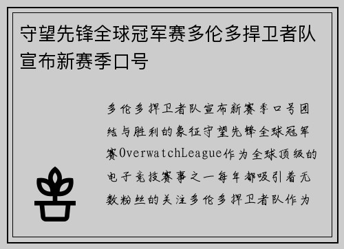 守望先锋全球冠军赛多伦多捍卫者队宣布新赛季口号